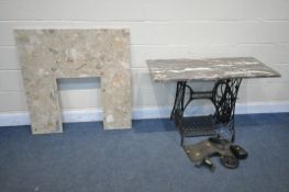 A VINTAGE SINGER TREADLE SEWING MACHINE STAND, with later marble top, width 108cm x depth 46cm x