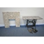 A VINTAGE SINGER TREADLE SEWING MACHINE STAND, with later marble top, width 108cm x depth 46cm x