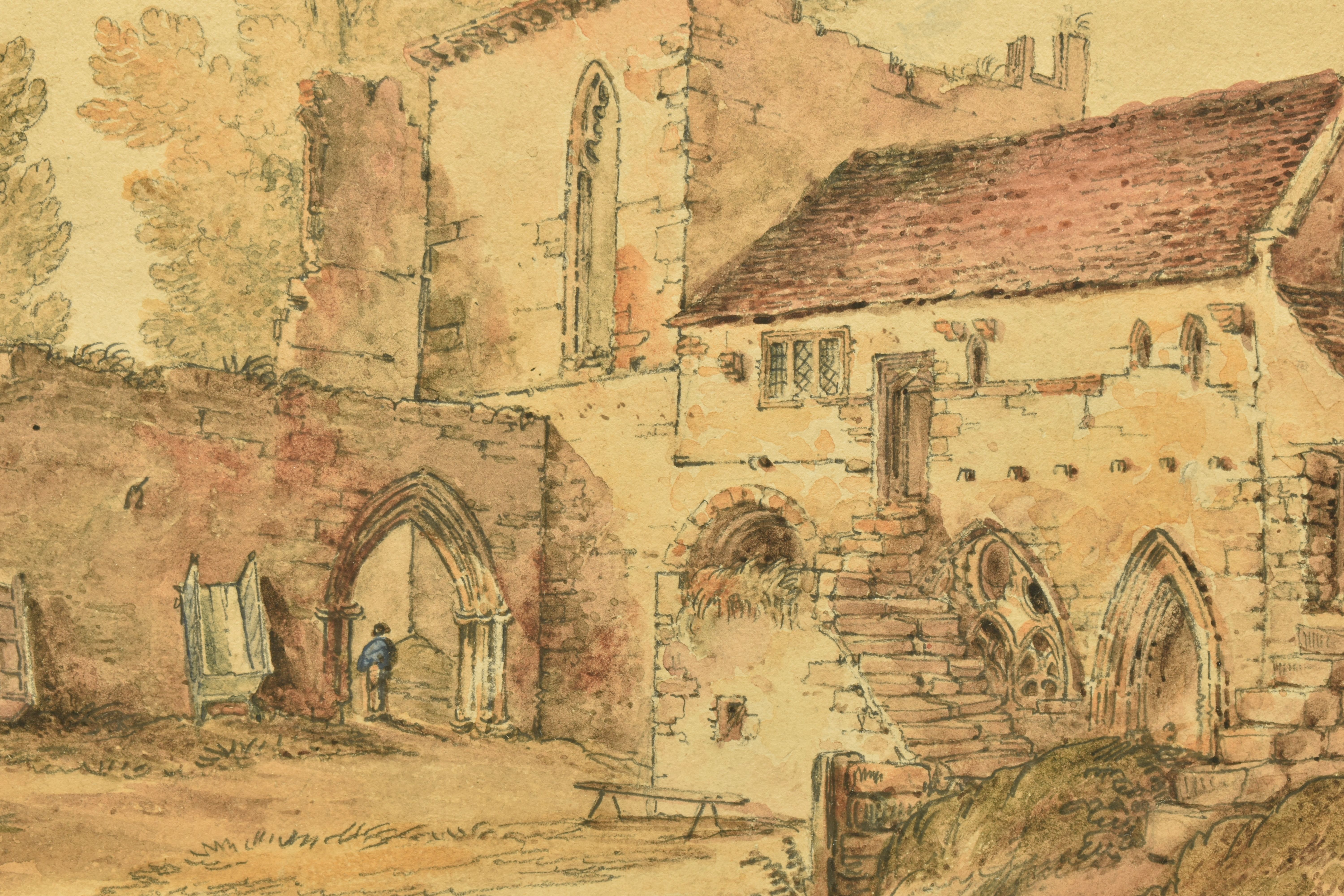 ATTRIBUTED TO JAMES BOURNE (1773-1854), 'VALLE CRUCIS ABBEY', a Welsh landscape near Llangollen, - Image 3 of 8