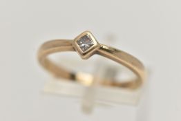 A 9CT GOLD DIAMOND SINGLE STONE RING, princess cut diamond, stamped diamond weight 0.10ct, collet