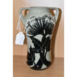 A MOORCROFT POTTERY 'SUMMER SILHOUETTE' VASE, of waisted cylindrical form with twin angular handles,