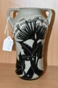 A MOORCROFT POTTERY 'SUMMER SILHOUETTE' VASE, of waisted cylindrical form with twin angular handles,