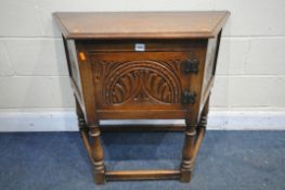A REPRODUCTION OAK SINGLE DOOR CREDENCE CABINET, width 92cm x depth 45cm x height 76m (condition:-no