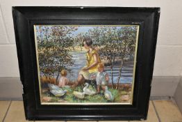IN THE MANNER OF DOROTHEA SHARP, MOTHER AND CHILDREN WITH DUCKS, initialled D.S bottom right,
