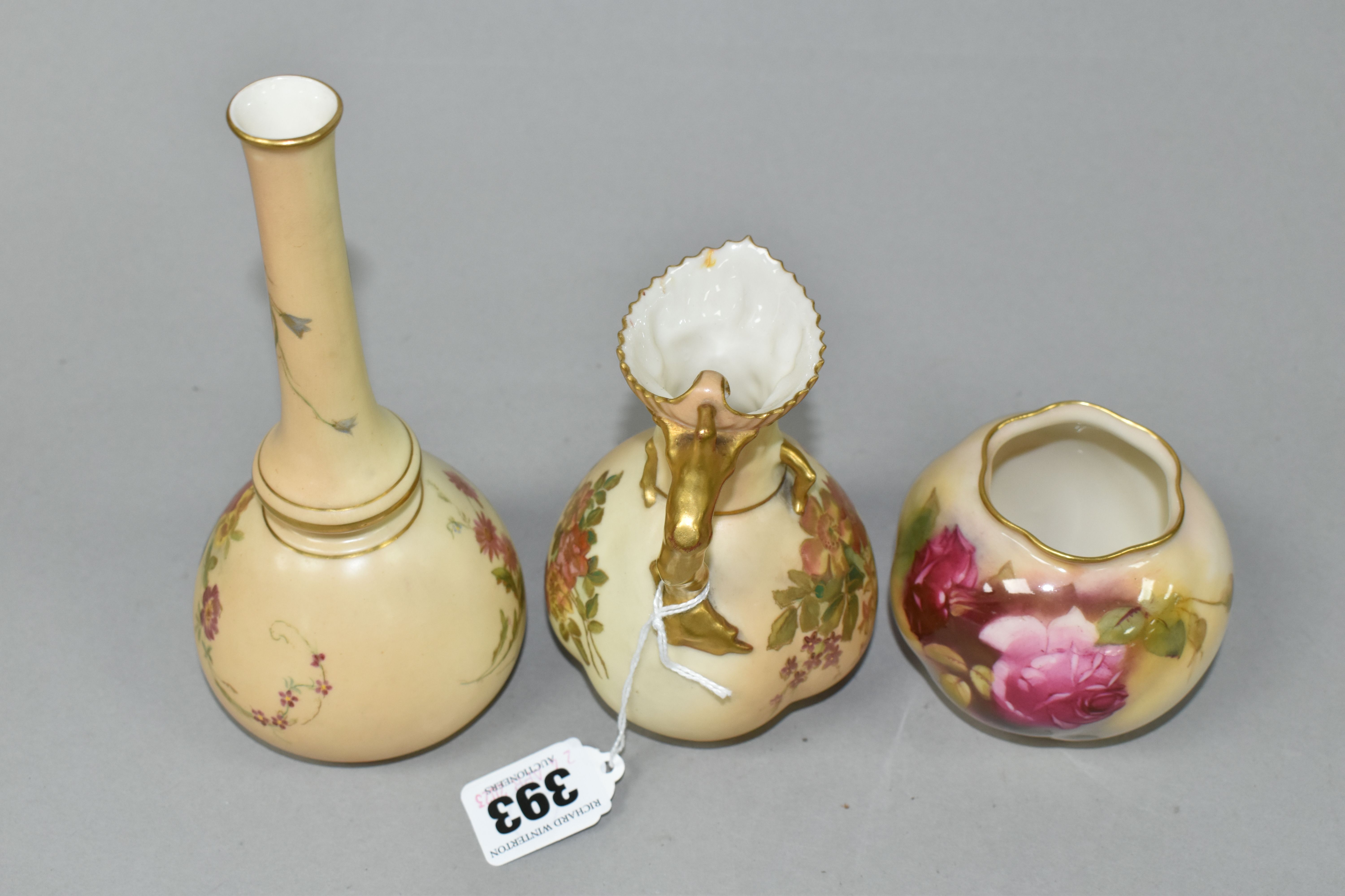 THREE PIECES OF ROYAL WORCESTER BLUSH IVORY PORCELAIN, comprising a jug with fluted rim and gilt - Image 4 of 5