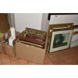 TWO BOXES AND LOOSE PAINTINGS AND PRINTS, ETC, including framed cigarette cards, amateur