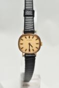 A LADYS 9CT GOLD 'LONGINES' WRISTWATCH, manual wind, rounded rectangular dial signed 'Longines',