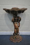 AN ITALIAN GARDEN SCHULPTURE/BIRD BATH, of a cherub holding a shell aloft, height 101cm