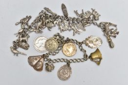A YELLOW METAL COIN MOUNT AND ASSORTED WHITE METAL, a yellow metal coin mount engraved with floral