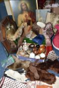TWO BOXES AND LOOSE CERAMICS, GLASS WARES, PICTURES AND SUNDRY ITEMS, to include Satsuma style