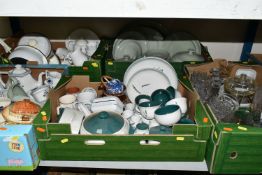 FIVE BOXES OF CERAMICS AND GLASSWARE, to include a quantity of Denby stoneware Greenwheat dinner