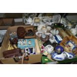 THREE BOXES OF CERAMICS, to include a 1930's oval wall mirror, a Maruhon Ware toast rack, two