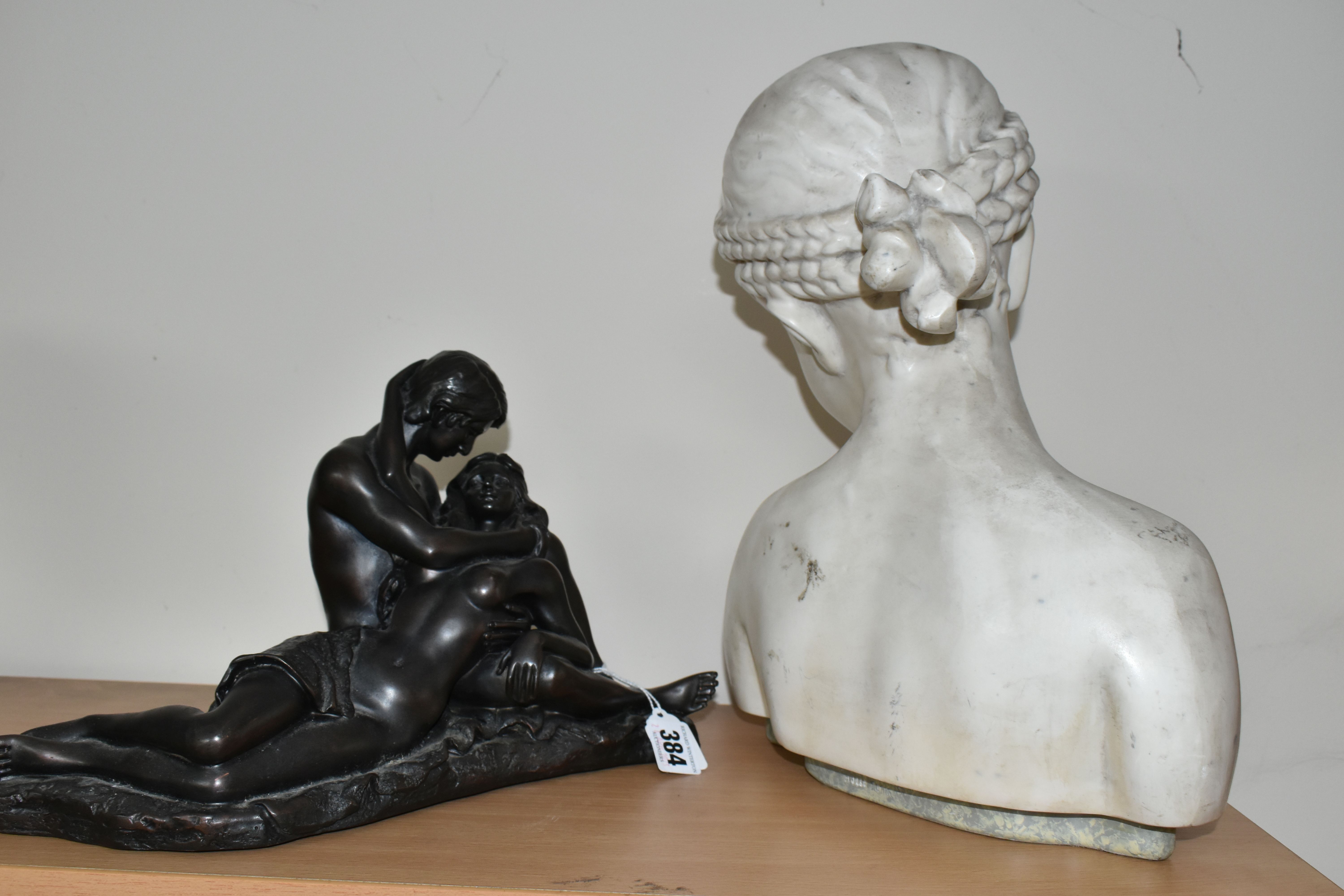 A BUST OF A YOUNG GIRL AND A FIGURE GROUP, comprising a modern resin bust of a young girl by House - Image 4 of 8