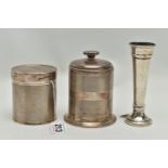 THREE PIECES OF 20TH CENTURY SILVER, comprising a George V cylindrical table cigarette box with