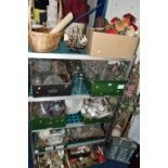 NINE BOXES OF MISCELLANEOUS SUNDRIES, to include a Jones sewing machine, glassware, Christmas