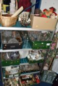 NINE BOXES OF MISCELLANEOUS SUNDRIES, to include a Jones sewing machine, glassware, Christmas