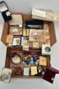 A BOX OF ASSORTED JEWELLERY AND WATCHES, to include an early 20th century silver watch, hallmarked