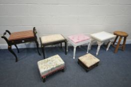 A SELECTION OF STOOLS, to include an Edwardian piano stool, a mahogany bergère stool on cabriole