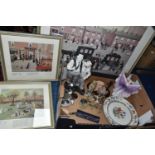 A BOX AND LOOSE CERAMICS, PICTURES AND SUNDRY ITEMS, to include a Royal Doulton Isadora HN2938