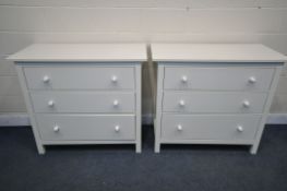 A PAIR OF WHITE FINISH IKEA CHEST OF THREE LONG DRAWERS, with white handles, width 110cm x depth