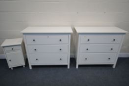 A PAIR OF WHITE FINISH IKEA CHEST OF THREE LONG DRAWERS, with black handles, width 110cm x depth
