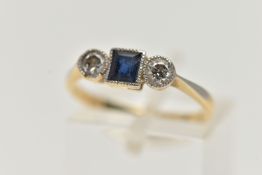 AN 18CT GOLD SAPPHIRE AND DIAMOND RING, designed with a square cut deep blue sapphire, in a milgrain
