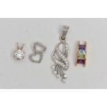 FOUR PENDANTS, to include a yellow metal curved pendant set with peridot, amethyst, topaz,