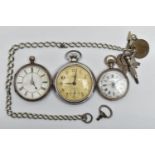 THREE OPEN FACE POCKET WATCHES AND A CHAIN, to include a late Victorian silver pocket watch,