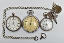 THREE OPEN FACE POCKET WATCHES AND A CHAIN, to include a late Victorian silver pocket watch,