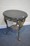 A CAST IRON CIRCULAR PUB TABLE, with a ebonised wooden top, diameter 63cm x height 77cm (