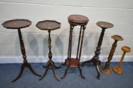 FOUR VARIOUS PLANT/TORCHERE STANDS, to include a circular barley twist stand, height 98cm, and two