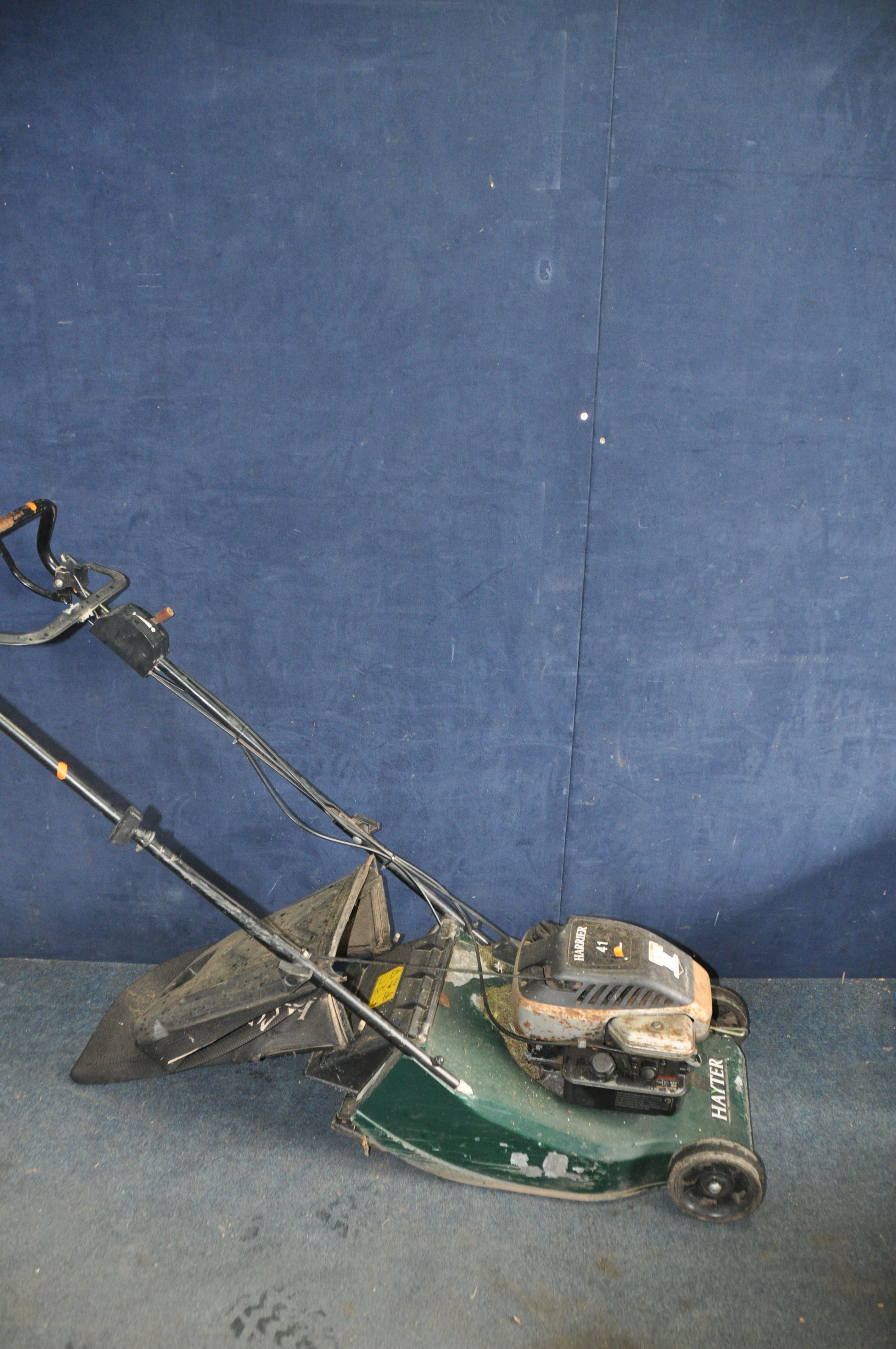 A HAYTER HARRIER 41 PETROL LAWN MOWER with grass box (UNTESTED but engine pulling freely)