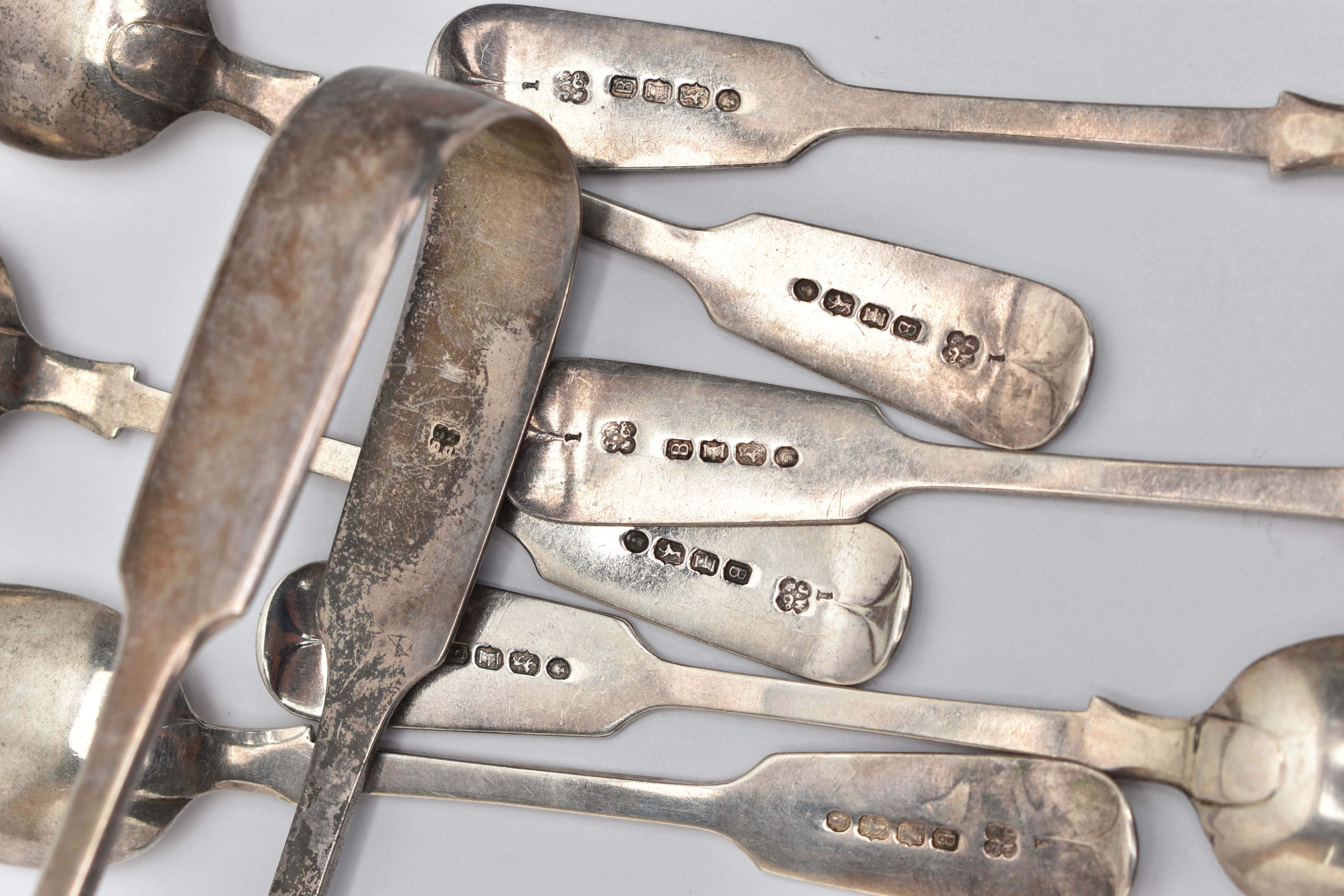 SIX SILVER TEASPOONS AND A PAIR OF SUGAR TONGS, to include six fiddle pattern teaspoons, engraved - Image 4 of 4
