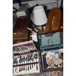 ONE BOX OF MISCELLANEOUS SUNDRIES, to include a portable bar-b-que, two sewing machines, table