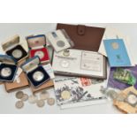 A BOX OF UK COINAGE WITH AN AMOUNT OF UK SILVER COINS, to include silver proof Crowns 1977 silver