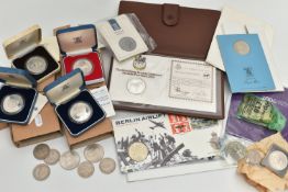 A BOX OF UK COINAGE WITH AN AMOUNT OF UK SILVER COINS, to include silver proof Crowns 1977 silver