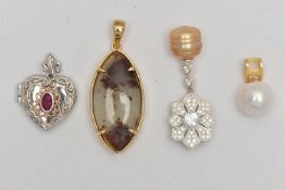 FOUR PENDANTS, to include a moss agate pendant in a yellow metal mount stamped 925, fitted with a