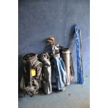 A COLLECTION OF GOLFING EQUIPMENT, to include three golf bags, a small quantity of clubs such as