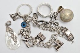 AN ASSORTMENT OF WHITE METAL JEWELLERY, to include a double heart pandora ring, stamped P2 S 925 ALE