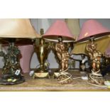 EIGHT TABLE LAMPS AND A COLLECTION OF SHADES, comprising three onyx and brass table lamps, a pair of