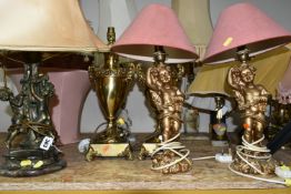 EIGHT TABLE LAMPS AND A COLLECTION OF SHADES, comprising three onyx and brass table lamps, a pair of