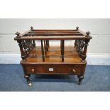 A VICTORIAN WALNUT CANTERURY, with open fretwork detail, three divisions, single drawer, on turned