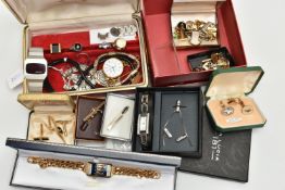 A BOX OF ASSORTED COSTUME JEWELLERY, to include a white metal diamond set signet ring, stamped 375