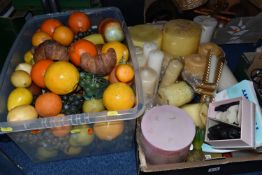 TWO BOXES OF MOSTLY UNUSED CANDLES AND DECORATIVE ARTIFICIAL FRUIT