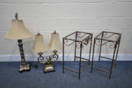 A PAIR OF METAL FRAMED PLANT STANDS, with glass inserts, 45cm x depth 30cm x height 60cm, along with