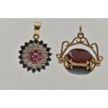 TWO 9CT GOLD GEM SET PENDANTS, the first a swivel pendant set with carnelian, bloodstone and onyx