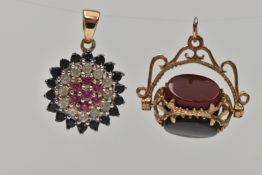 TWO 9CT GOLD GEM SET PENDANTS, the first a swivel pendant set with carnelian, bloodstone and onyx