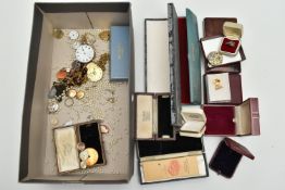 A SELECTION OF ITEMS, to include costume jewellery, empty jewellery and watch boxes, watch movements