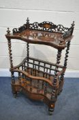 A VICTORIAN ROSEWOOD SERPENTINE CANTERBURY, the raised shelf with open fretwork gallery, on barley