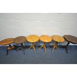 THREE BEECH CIRCULAR TRIPOD TABLES, 44cm x height 59cm, an Italian style wine table, an oak tripod